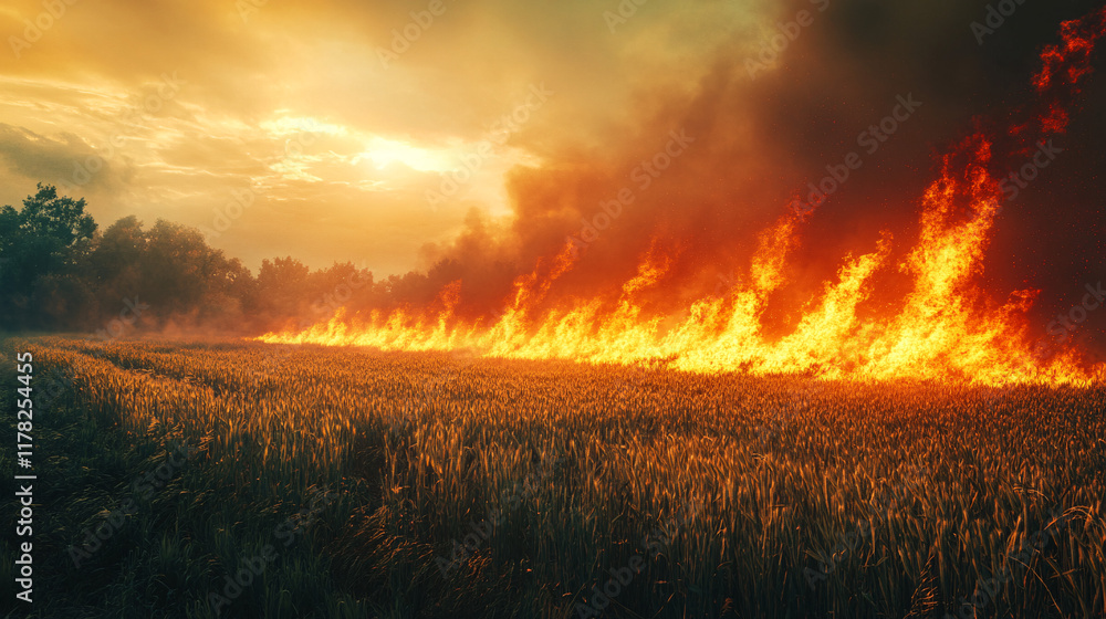 Poster a peaceful countryside disrupted by a raging wildfire, with contrasting elements of green fields and