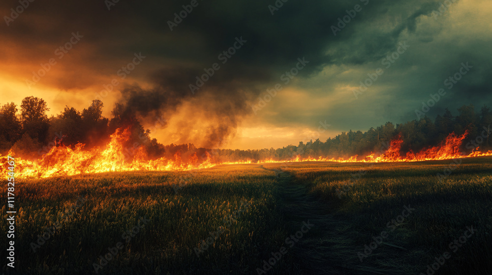 Poster a peaceful countryside disrupted by a raging wildfire, with contrasting elements of green fields and
