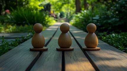 Minimalist wooden figures symbolizing connection and simplicity placed on a wooden surface with a blurred daytime background, creating a peaceful and harmonious atmosphere with space for caption

