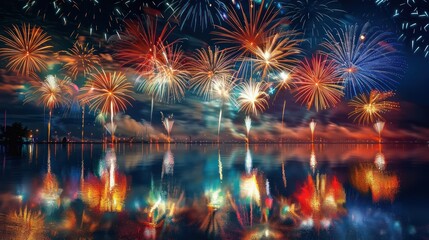Colorful fireworks explode over a calm lake at midnight, reflecting in the water. The night sky shines with red, gold, and blue hues, marking the start of the new year