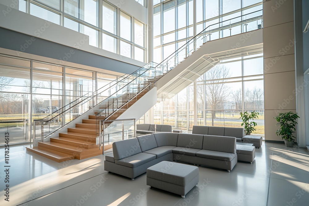 Poster modern building interior with sunlight streaming through large windows illuminating a spacious lobby