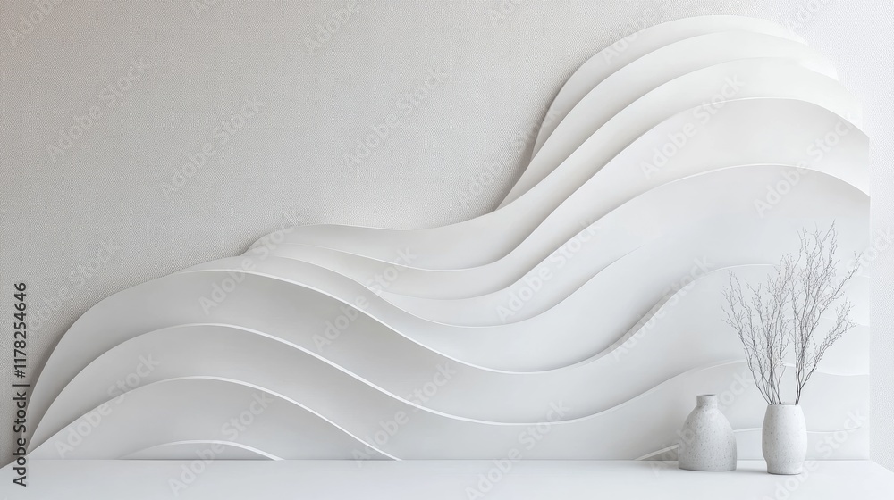 Poster Elegant white curved lines creating a flowing wave pattern on a minimalist background, evoking a sense of movement and fluidity in a calm, abstract design