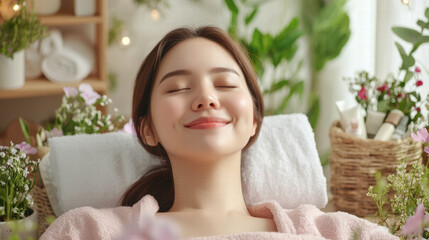 Relaxing beauty blogger enjoying spa treatment in serene setting