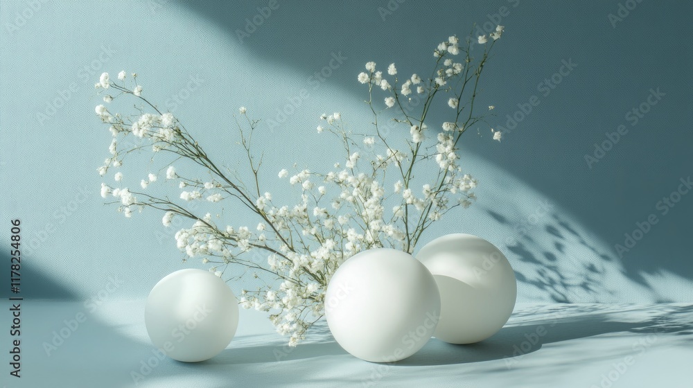 Poster Floating white spheres in a minimalist design, gently placed on a soft blue background, creating an atmosphere of serenity and fluidity
