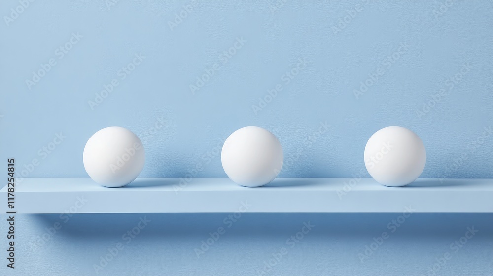 Poster Floating white spheres in a minimalist design, gently placed on a soft blue background, creating an atmosphere of serenity and fluidity