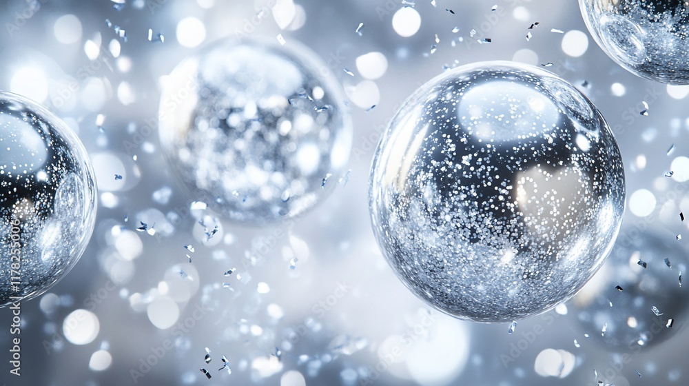 Aufkleber Abstract image of floating, translucent spheres with sparkling particles.