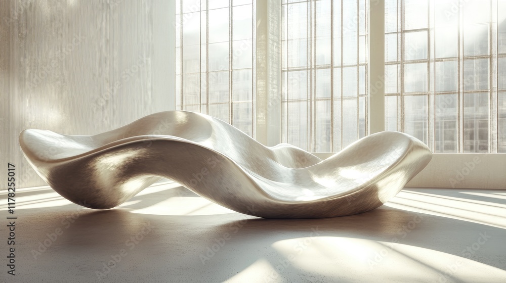 Aufkleber flowing sculptural waves in a modern, sunlit interior, with light filtering through large windows, h