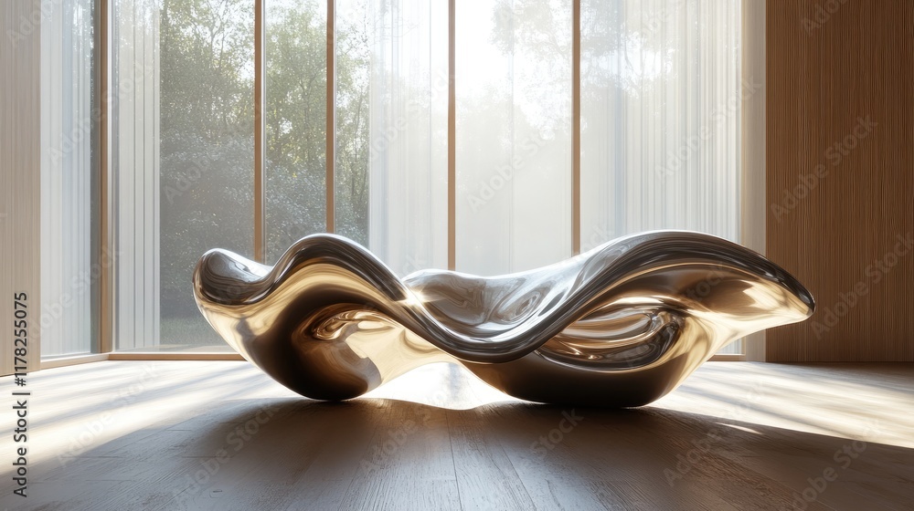 Poster flowing sculptural waves in a modern, sunlit interior, with light filtering through large windows, h