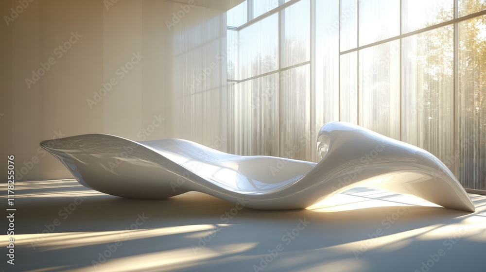 Aufkleber flowing sculptural waves in a modern, sunlit interior, with light filtering through large windows, h