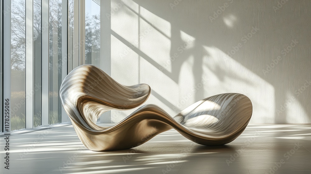 Poster Flowing sculptural waves in a modern, sunlit interior, with light filtering through large windows, highlighting the smooth curves and creating dynamic shadows