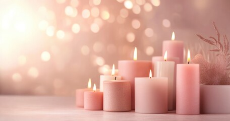 A warm and inviting background with soft, glowing candles in various sizes and colors, creating an atmosphere of serenity and peace. The focus is on the entire candle arrangement, with ample copy spac