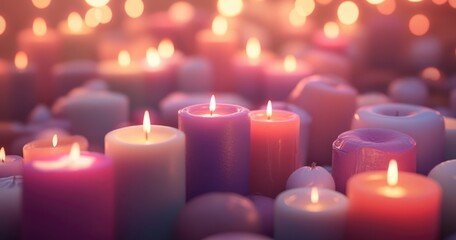 A warm and inviting background with soft, glowing candles in various sizes and colors, creating an atmosphere of serenity and peace. The focus is on the entire candle arrangement, with ample copy spac
