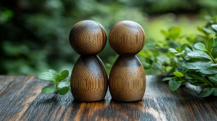 Minimalist wooden figures symbolizing connection and simplicity placed on a wooden surface with a blurred daytime background, creating a peaceful and harmonious atmosphere with space for caption

