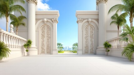 Obraz premium Elegant entrance with ornate doors and lush greenery.