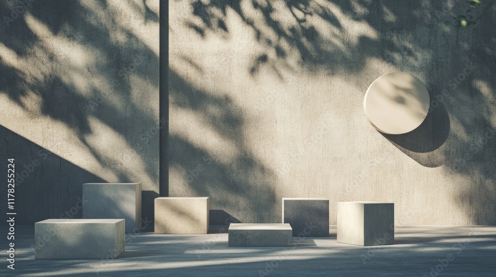 Aufkleber Geometric shapes arranged in a minimalist style on a concrete backdrop, with deep shadows adding visual depth and highlighting the beauty of design in simplicity