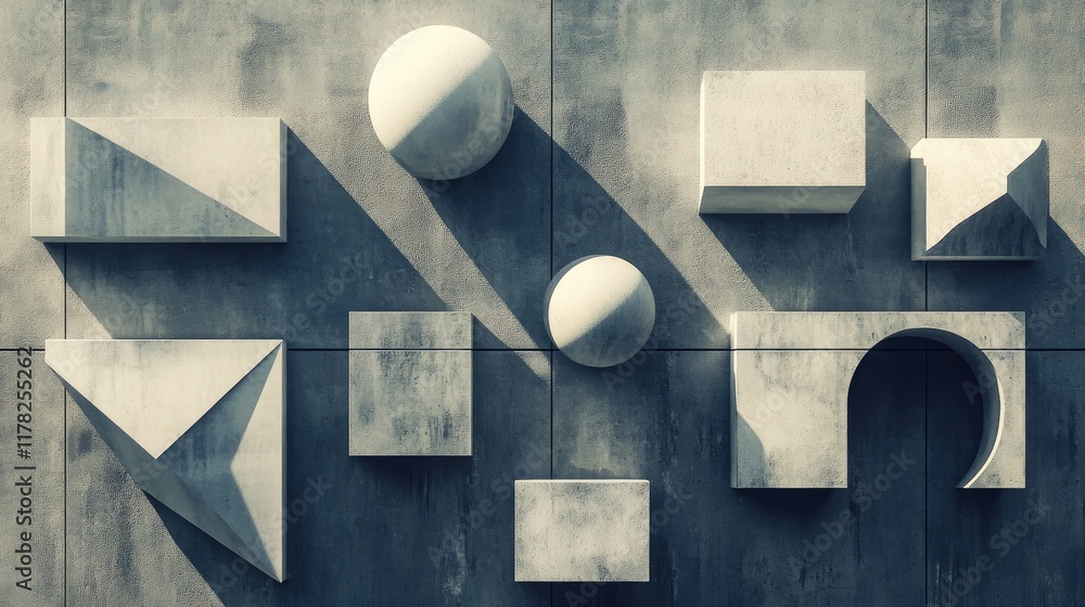 Poster Geometric shapes arranged in a minimalist style on a concrete backdrop, with deep shadows adding visual depth and highlighting the beauty of design in simplicity