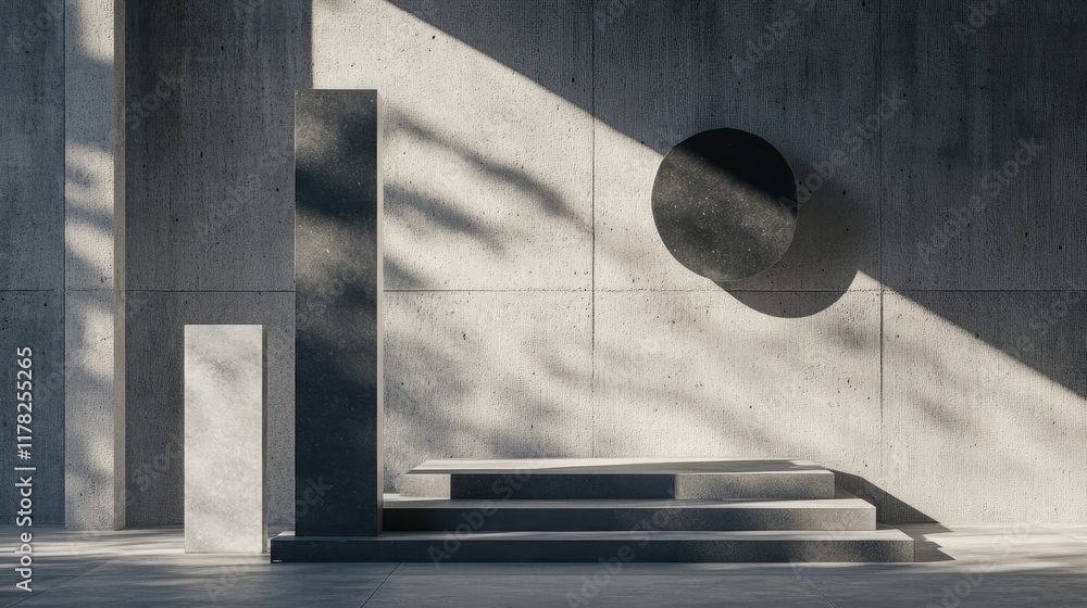 Poster Geometric shapes arranged in a minimalist style on a concrete backdrop, with deep shadows adding visual depth and highlighting the beauty of design in simplicity