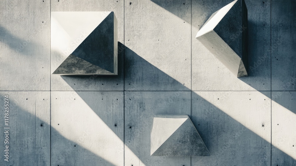 Aufkleber geometric shapes placed on a concrete background, casting shadows in a minimalist arrangement that h
