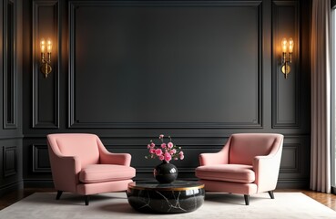 Luxury living room features dark gray walls with decorative molding. Rose pink armchairs, gold-edged marble coffee table create sophisticated ambiance. Empty wall area perfect for art wallpaper.