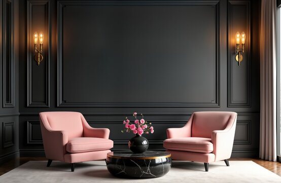Luxury living room features dark gray walls with decorative molding. Rose pink armchairs, gold-edged marble coffee table create sophisticated ambiance. Empty wall area perfect for art wallpaper.