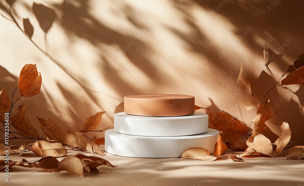 Poster autumnal display with three tiered podiums and dried leaves, set against a beige backdrop with dappl