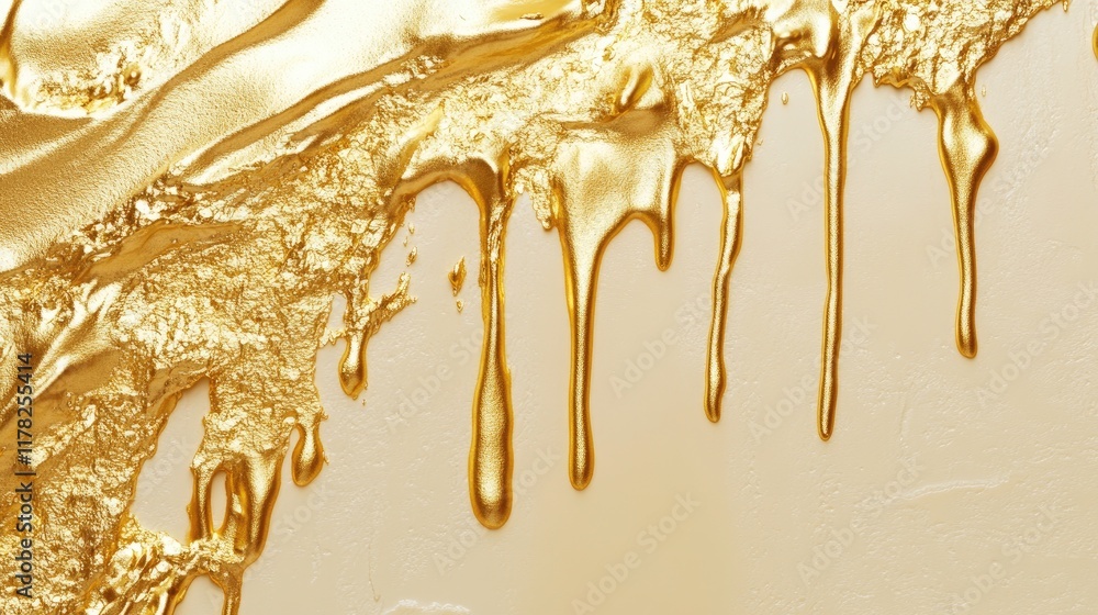 Poster glittering gold liquid dripping onto a pristine creamy surface, shimmering with luxury and creating 