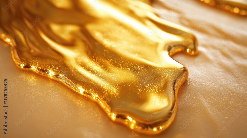Aufkleber glittering gold liquid dripping onto a pristine creamy surface, shimmering with luxury and creating 