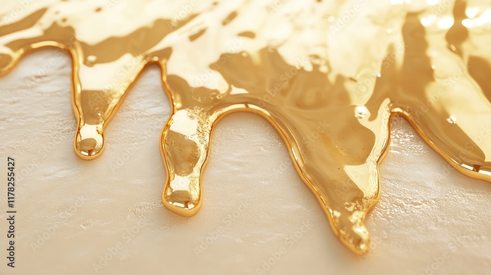 Aufkleber glittering gold liquid dripping onto a pristine creamy surface, shimmering with luxury and creating 