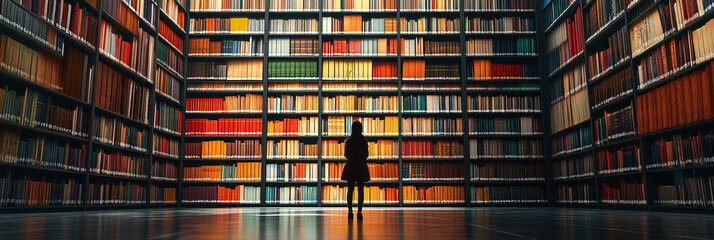 A person standing in front of a towering library, each book representing a different language, with colorful patterns symbolizing the richness of linguistic diversity.  