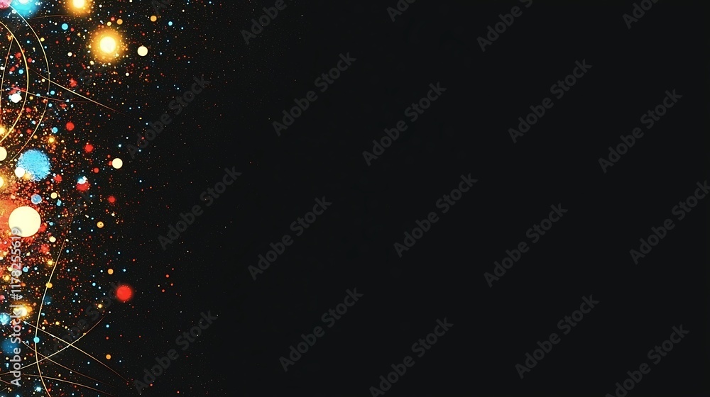 Poster abstract background with colorful glowing particles and dark space for text.