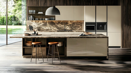 Modern Luxury Kitchen: Marble, Wood, and Sleek Design