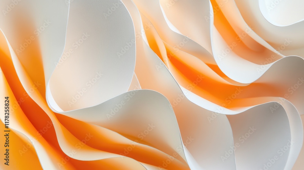 Poster light orange and white paper waves, elegantly curving in soft motion, with a serene and calming atmo