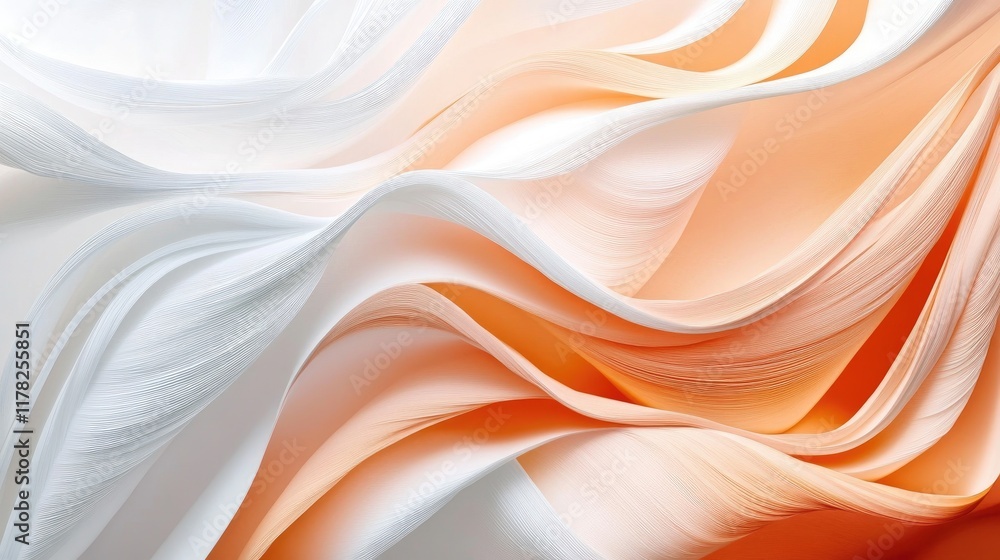 Poster light orange and white paper waves, elegantly curving in soft motion, with a serene and calming atmo