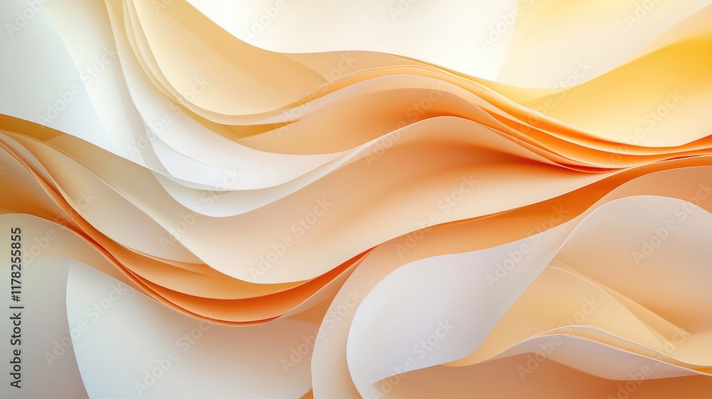 Poster light orange and white paper waves, elegantly curving in soft motion, with a serene and calming atmo