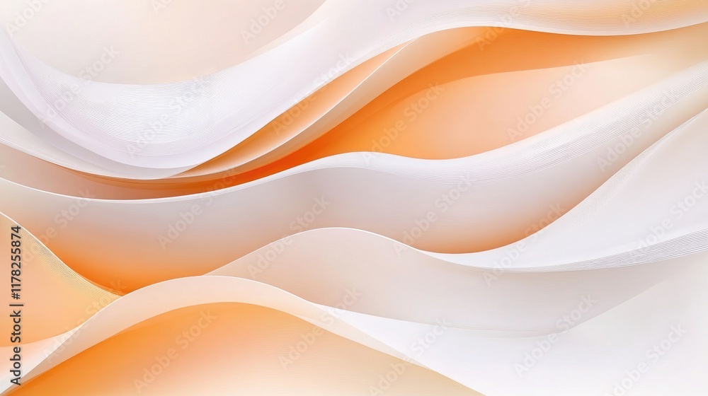 Poster light orange and white paper waves, elegantly curving in soft motion, with a serene and calming atmo