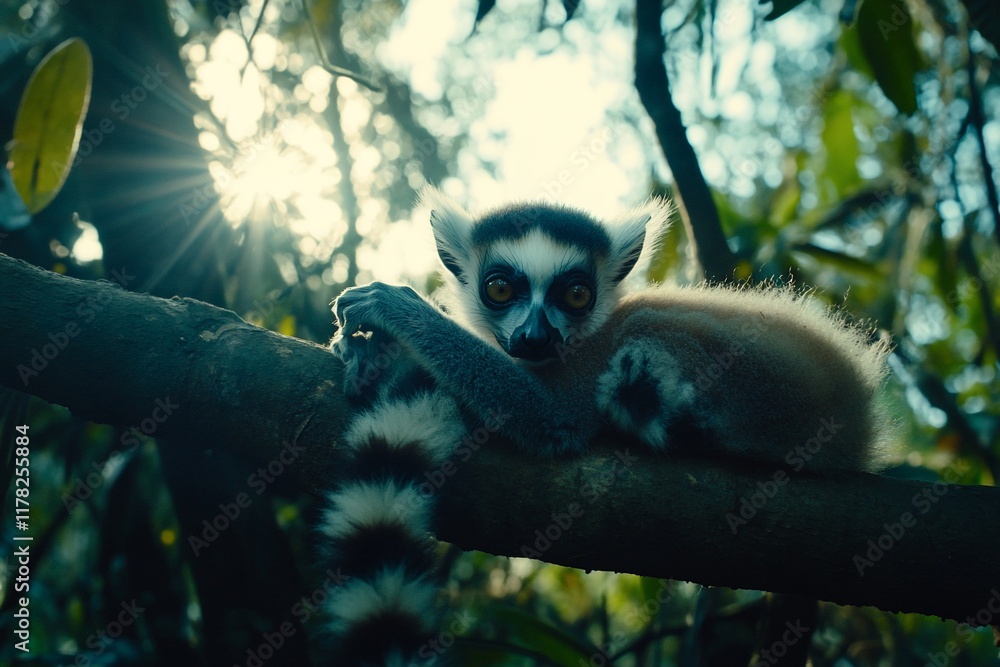 Poster ring-tailed lemur resting on tree branch in sunlight.