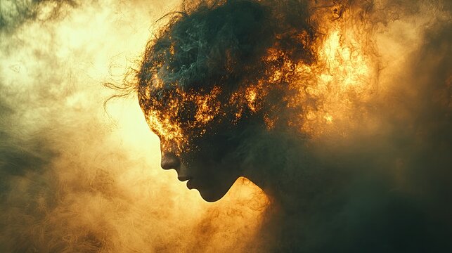 L'image capture une t&ecirc;te humaine embras&eacute;e, illustrant la tension mentale, la cr&eacute;ativit&eacute; d&eacute;bordante ou le processus douloureux d'une profonde transformation personnelle.