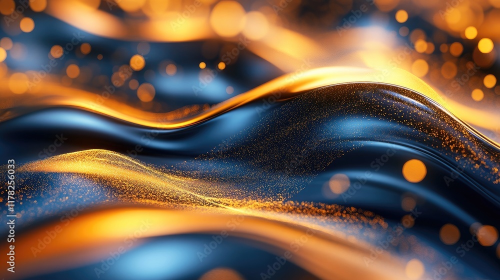 Aufkleber Metallic waves undulate in an abstract composition, with golden bokeh lights adding a dreamlike effect, emphasizing fluidity and sophistication in design