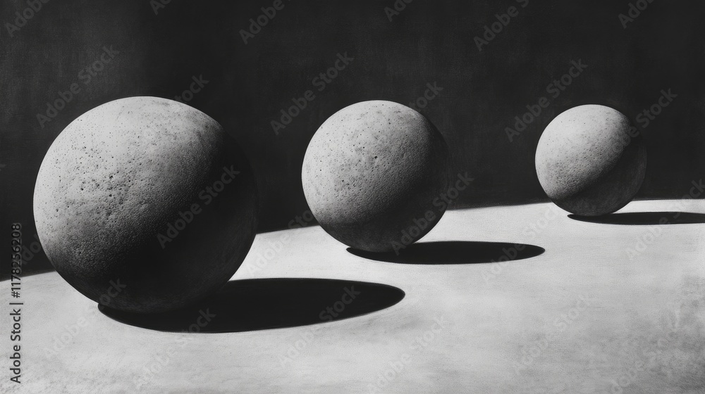 Poster monochrome abstract spheres set against a minimalist background, their forms and shadows dramaticall