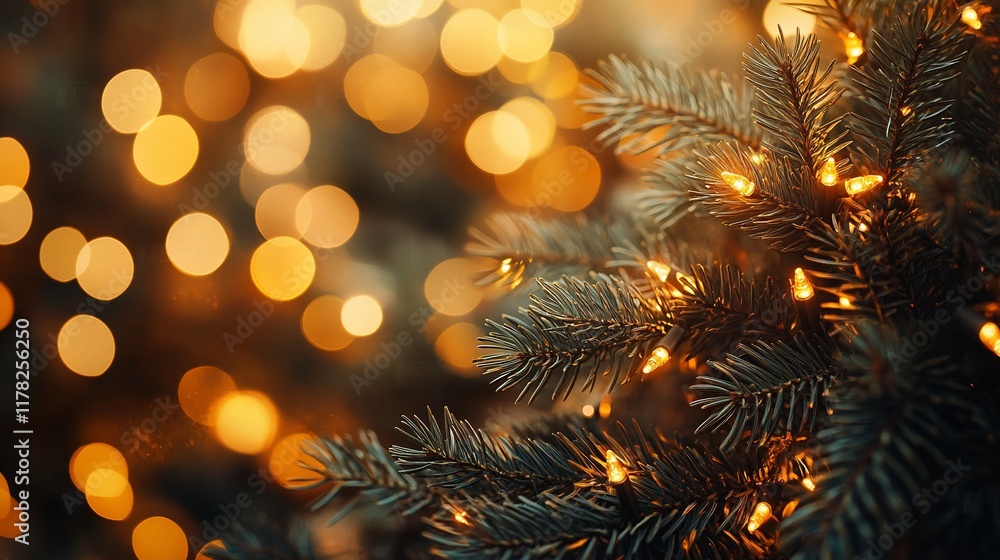 Aufkleber close-up of illuminated christmas tree branch with bokeh lights.