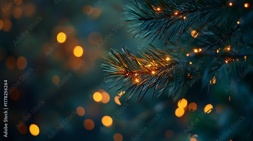 Poster illuminated pine branch with bokeh lights.