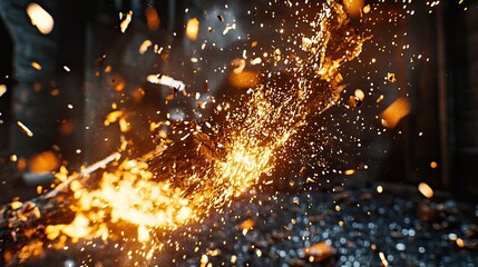 Le choc violent de la matière incandescente libère une gerbe spectaculaire d'étincelles lumineuses, symbolisant la puissance brute et la transformation.