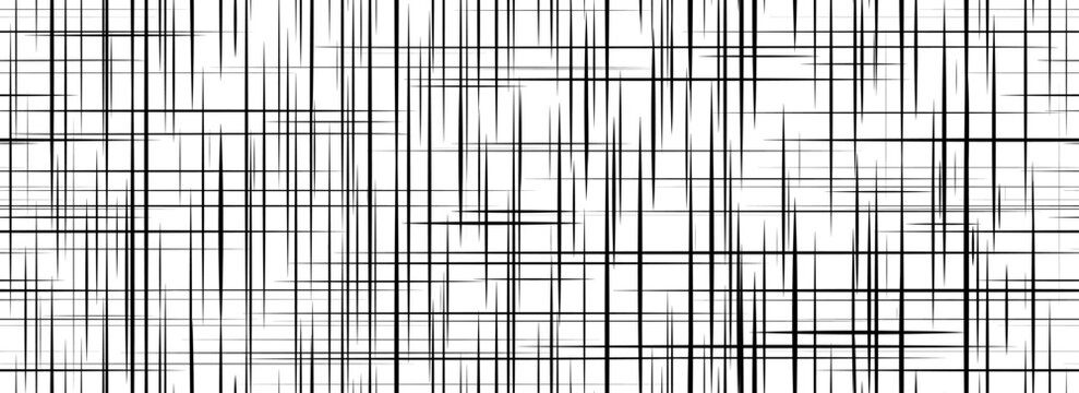 Black cross hatch seamless texture. Repeated straight line pattern surface. Rough sackcloth fabric background. Crosshatch linen canvas burlap overlay wallpaper. Vector textile backdrop