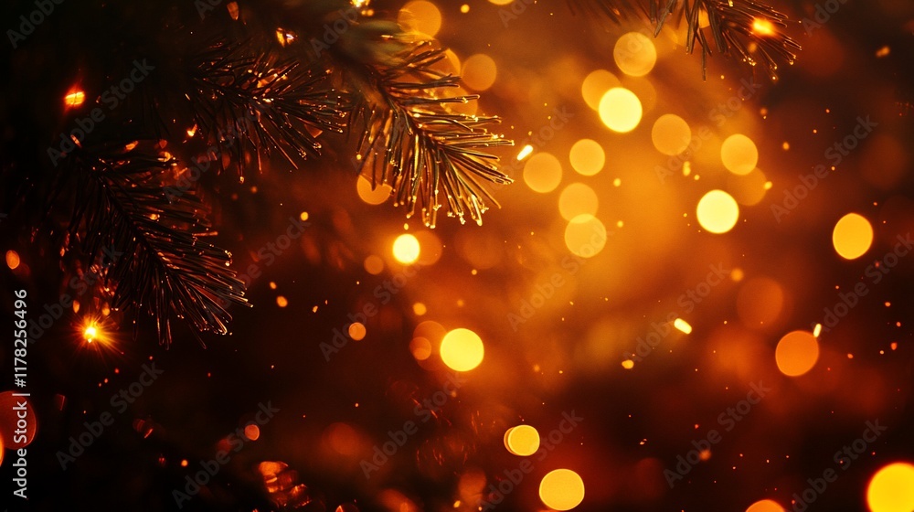 Poster festive winter background with fir branch and bokeh lights.