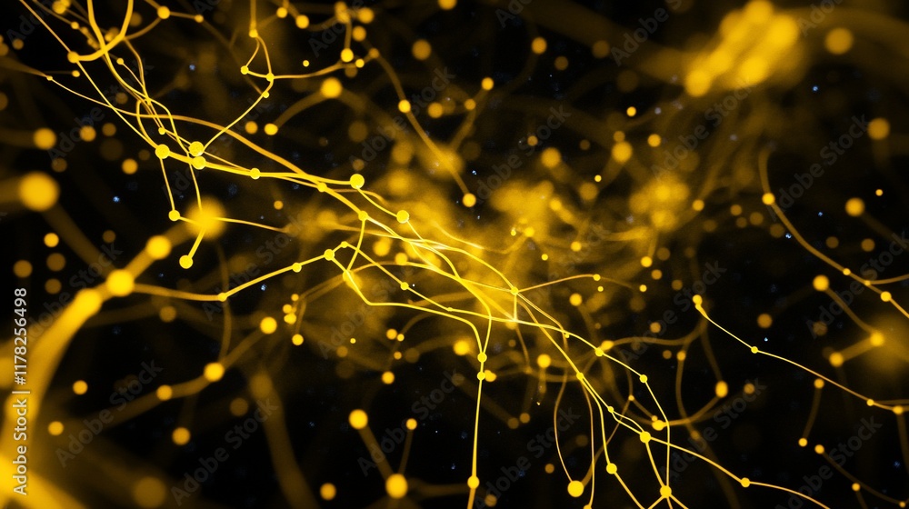 Poster abstract golden network, glowing lines and dots on dark background.