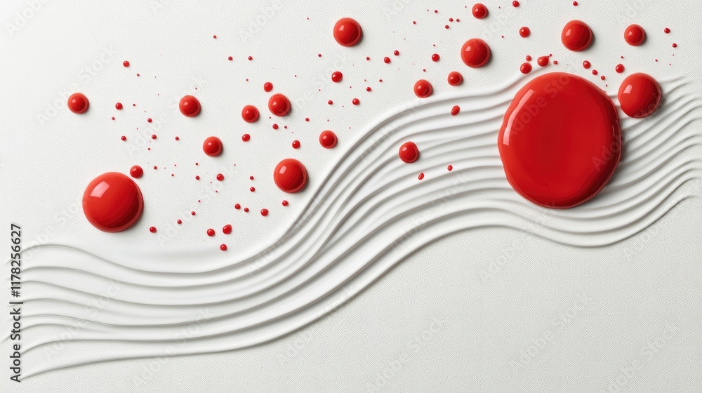 Aufkleber red paint droplets splattering on a white surface, creating ripple effects, evoking a sense of fluid