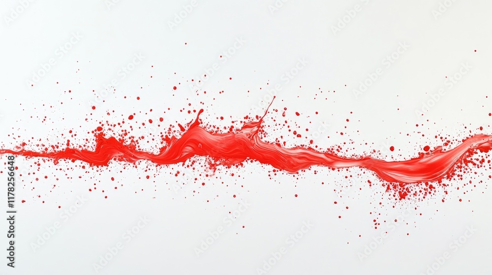 Poster red paint droplets splattering on a white surface, creating ripple effects, evoking a sense of fluid