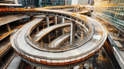 Aerial view of a complex, spiraling highway interchange under construction in a modern city.