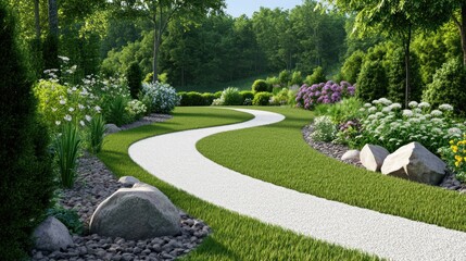 Curved pathway through a lush garden with vibrant flowers and greenery.