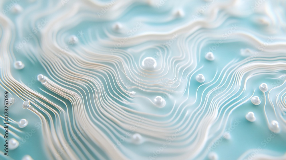 Poster Abstract 3D rendering of undulating white lines and spheres on a light blue background.